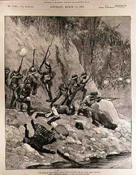 A Expedição Burmah: Lute com Dacoits, 12 de janeiro, perto de Shoay Green, do The Illustrated London News, 13 de março de 1886