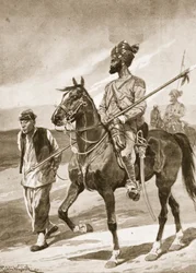 Um Lancer de Bengala e seu Boxer em cativeiro, ilustração de &39;Battles of the 19th Century: vol. VII, A Guerra Chinesa de 1900-1901 &39;por Archibald Forbes, GA Henty e Major Arthur Griffiths