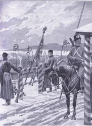 Uma estação cossaco na Manchúria com sinais tribais sobre as cabanas dos homens, ilustração fromCassells História da Guerra Russo-Japonesa Vol 1, c.1900