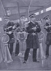 Almirante Togo na Torre Conning de sua nau capitânia, dirigindo uma ação naval, ilustração deCassells História da Guerra Russo-Japonesa Vol 1, c.1900