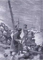 Ataque na estrada de ferro por Chunchuses, ilustração fromCassells História da Guerra Russo-Japonesa Vol 1, c.1900
