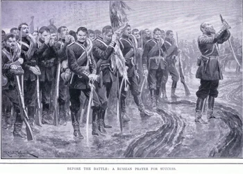 Antes da batalha: Uma oração russa pelo sucesso, ilustração deCassells História da Guerra Russo-Japonesa Vol 1, c.1900
