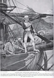 O capitão Cook aproxima-se da Nova Zelândia, ilustração de «Hutchinson