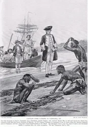 Capitão Cook desembarque na Tasmânia, 1777, ilustração da "História da nação britânica" de Hutchinson, c.1923