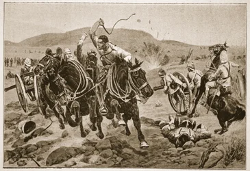 Artilharia de campo entrando em ação, ilustração de &39;Battles of the 19th Century, vol. VI: A Guerra dos Bôeres de 1899 a 1900, por Archibald Forbes, GA Henty e Major Arthur Griffiths