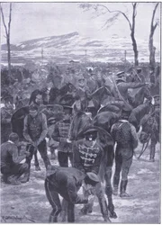 Acampamento de cavalaria japonesa em Seul: Farriers no trabalho, ilustração fromCassells História da Guerra Russo-Japonesa Vol 1, c.1900