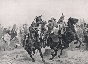 O ataque a Sir Ralph Abercrombie pelos dragões franceses, ilustração de "Batalhas britânicas na terra e no mar", publicado por Cassell, Londres, c.1910