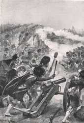 Os Highlanders transformando as armas francesas capturadas nos Batalhões de Brenniers, ilustração de "Batalhas Britânicas na Terra e no Mar", publicada por Cassell, Londres, c.1910