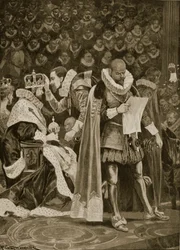 A homenagem, a generosidade e o perdão geral na coroação de Jaime I e Ana da Dinamarca, 25 de julho de 1603, de «The Illustrated London News», 1902