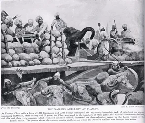 A artilharia do Nawab em Plassey, ilustração da "História da nação britânica" de Hutchinson, c.1923