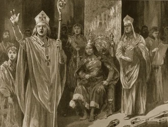 O discurso de Hubert Walter, arcebispo de Cantuária, na coroação de João, no Dia da Ascensão, 27 de maio de 1199, de «The Illustrated London News», 1902