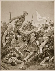 Os Highlanders de Seaforth invadiram o zareba na Batalha de Atbara, ilustração de "Battles of the décimo nono século" vol. V: Campanhas dos anos noventa, por A. Hilliard Atteridge