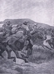 Yeomanry atacando De Wets, retaguarda e transporte, de After Pretoria: The Guerilla War publicado por Harmsworth Bros Limited, 1901