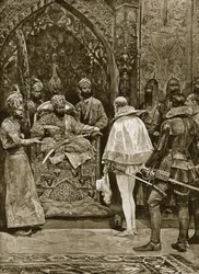 Uma das primeiras embaixadas inglesas à Índia, 1599, ilustração de «História da Nação Britânica de Hutchinson», cerca de 1923