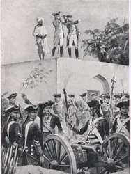 Batalha de Plessey, 23 de junho de 1757: Clive no telhado do pavilhão de caça Nawab Surat-ud-Daulas, ilustração das Batalhas Britânicas na Terra e no Mar, 1915