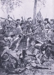 Batalha de Ramilles, 23 de maio de 1706: O ataque do Regimento irlandês, ilustração de batalhas britânicas em terra e mar, 1915