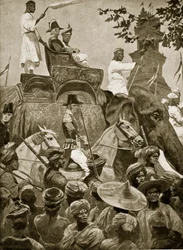 Tropas britânicas que entram em Cingapura, 1824, ilustração da "Hutchinson&39;s Story ofthe British Nation", c.1923