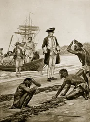 Capitão Cook desembarque na Tasmânia, 1777, ilustração da "História da nação britânica" de Hutchinson, c.1923