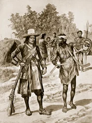 Dampier examinando um bumerangue na Austrália, ilustração da "Hutchinson&39;s Story ofthe British Nation", c.1923