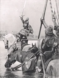 Edward III cruzando o Somme antes da Batalha de Crecy, ilustração de "Batalhas Britânicas na Terra e no Mar", publicada por Cassell, Londres, c.1910