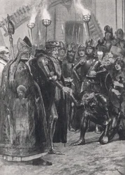 Eduardo III cumprimentando o Príncipe de Gales depois da Batalha de Crecy, ilustração de "Batalhas Britânicas na Terra e no Mar", publicada por Cassell, Londres, c.1910