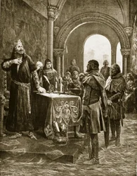 John se alegra ao ouvir falar da morte de Fitz-Peters, ilustração da "Hutchinson&39;s Story ofthe British Nation", c.1920
