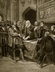 Lorde Thomas Fitzgerald joga sua espada, ilustração da "Hutchinson&39;s Story ofthe British Nation", c.1923