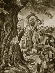 Malachy a derrubar a árvore da coroação de Munster em 982, ilustração de «Hutchinson