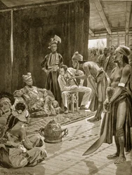 Sir James Brooke, em Bornéu, 1842, ilustração da "Hutchinson&39;s Story ofthe British Nation", c.1923