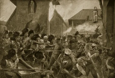 Os 42 Highlanders na Corunha, ilustração da "História da Nação Britânica" de Hutchinson, c.1923