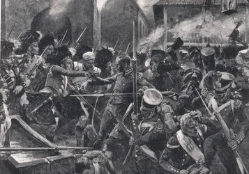 Os 42 Highlanders expulsando os franceses de Elvina, ilustração de "Batalhas Britânicas na Terra e no Mar", publicada por Cassell, Londres, c.1910