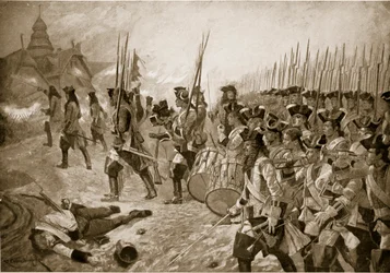A Batalha de Blenheim: Atacando a aldeia, ilustração da "História da Nação Britânica" de Hutchinson, c.1923