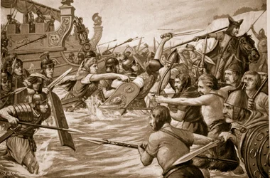 O desembarque de Júlio César, ilustração da "História da nação britânica" de Hutchison, c.1920