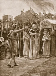 O corpo de Guilherme I recusou o enterro, ilustração da "História da nação britânica" de Hutchinson, c.1920