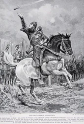 A primeira carga em Hastings: Taillefer, o menestrel malabarista de espada, saiu das fileiras a cavalo, cantando e atirando a espada ao ar, 1066, ilustração de «História da Nação Britânica» de Hutchinson