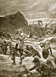 Destruído nas Bermudas, 1609, ilustração da "História da Nação Britânica" de Hutchinson, c.1923