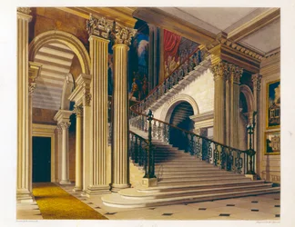Caso de escada, Buckingham House, de "A história das residências reais", gravada por William James Bennett (1787-1844), por William Henry Pyne (1769-1843), 1819