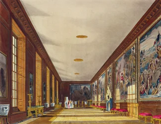 A sala de baile, Hampton Court, de "A história das residências reais", gravada por Richard Reeve (n.1780), de William Henry Pyne (1769-1843), 1819