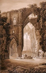 Abadia de Tintern, da &39;Historical Tour by Monmouthshire&39; de William Coxe, impressa por T. Cadell, 1801 (caneta e tinta e grafite sobre papel)