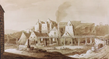 Obras em Blaenavon, de &39;An Historical Tour in Monmouthshire&39; de William Coxe, publicado em 1801 (caneta e tinta marrom e marrom lavado em grafite sobre papel)