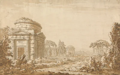 Paisagem clássica italiana com templos e um aquaduto em ruínas