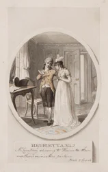 O Sr. Courtney mostrando a Henrietta o retrato em miniatura de sua mãe, Livro 5, Capítulo 4, ilustração de uma edição de 1798 de "Henrietta", de Charlotte Lennox, c.1798 (lápis e wc no papel)