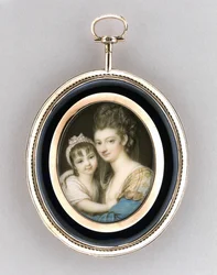Retrato de uma Mãe e Filha, c.1765-70 (aquarela em marfim, ouro rosa 9k, cabelo e vidro)