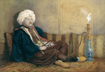 Retrato de Sir Thomas Philips em traje oriental, reclinado com um cachimbo de água (wc aumentado com branco sobre papel)