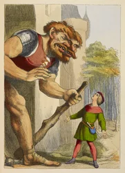 Jack a olhar para um gigante que tem duas cabeças. O gigante é galês. Ilustração a cores num livro infantil.