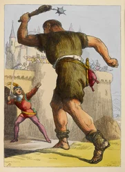 Jack pronto a lutar contra um gigante fora de um castelo. Ilustração a cores num livro infantil.