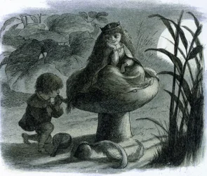 Uma fada da água sentada em um cogumelo é cortejada por um amante. Em ""Mundo das Fadas"" por Richard Doyle