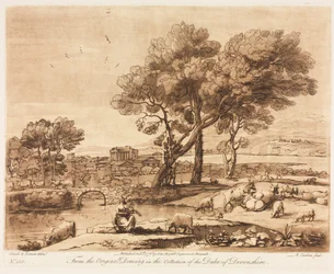 Liber Veritatis: No. 135, A Landscape, with Buildings, Mercury Stealing Admetuss Cattle ..., 1776.