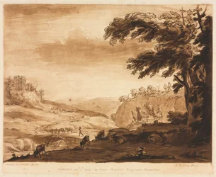 Liber Veritatis: No. 7, uma cena da ilha de um país montanhoso com gado, 1774.