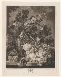 Natureza morta de frutas e flores